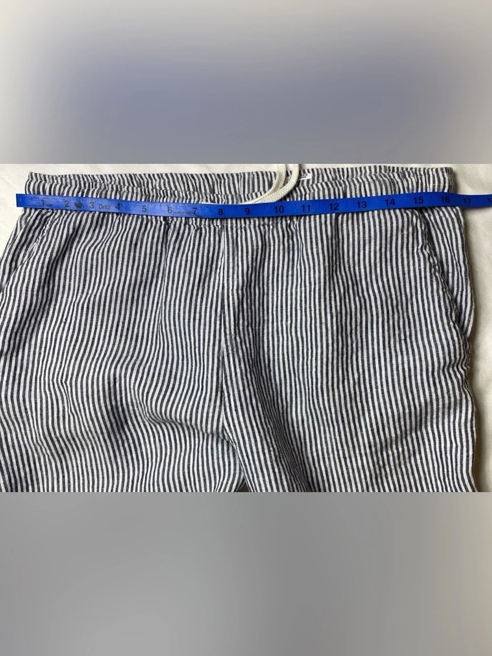 Alex Crane Bo Linen Pull On Drawstring Trouser Size L Blue Stripe Coastal New